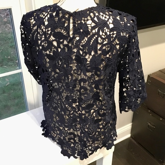 Floral Crochet Zara Blouse Navy Blue Three Quarter Sleeve - Picture 2 of 14